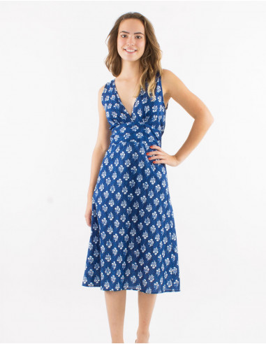 Cotton sleeveless dress with "indigo" print