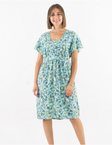Polyester dress with short sleeves and "surat" print