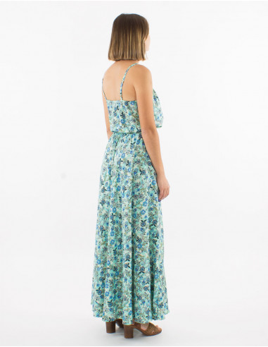 Long polyester elastic belt dress with straps and "surat" print