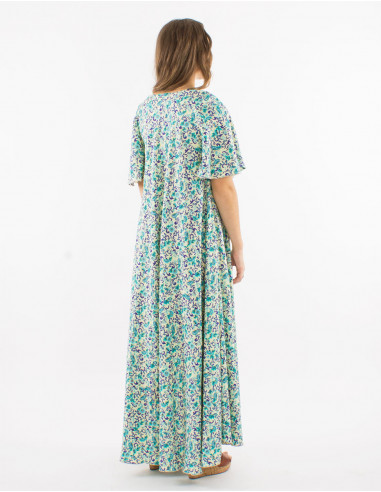 Long polyester v-neck dress with short sleeves and "dore" print