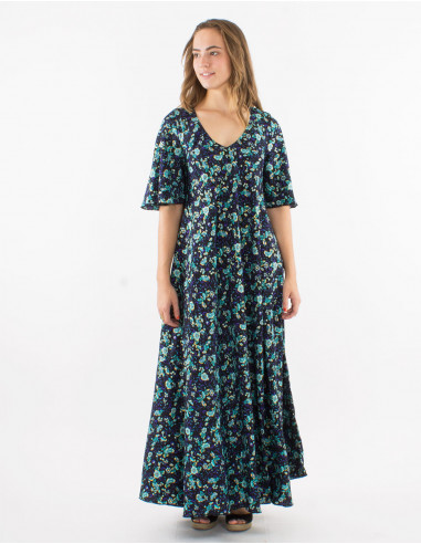 Long polyester v-neck dress with short sleeves and "dore" print