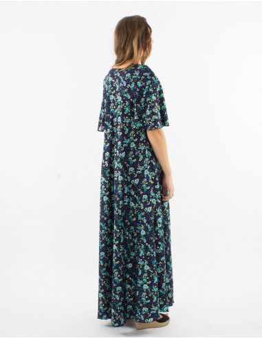 Long polyester v-neck dress with short sleeves and "dore" print