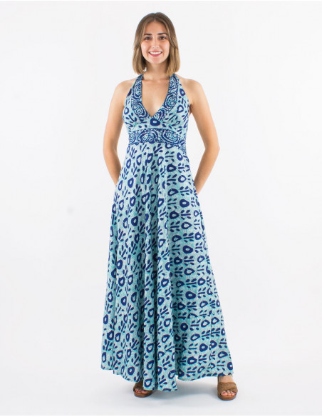 Long polyester open back dress and "batik" print