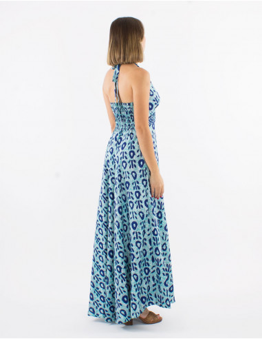 Long polyester open back dress and "batik" print