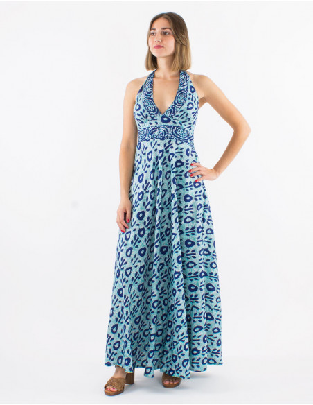Long polyester open back dress and "batik" print