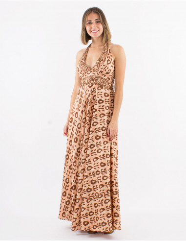Long polyester open back dress and "batik" print