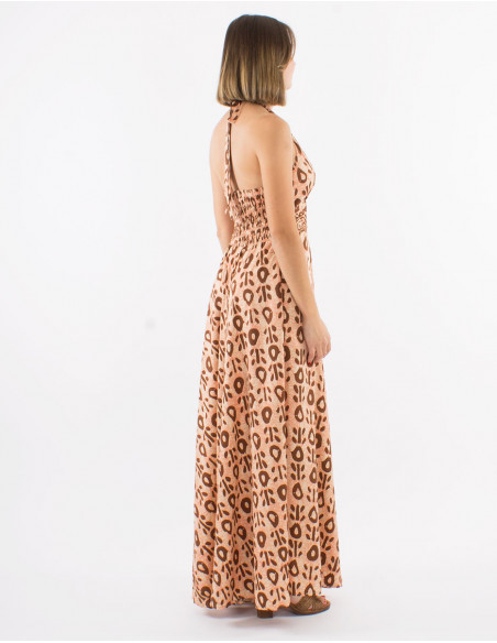 Long polyester open back dress and "batik" print