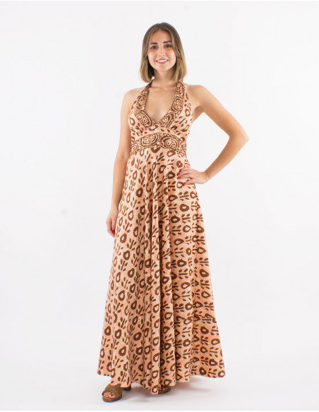 Long polyester open back dress and "batik" print