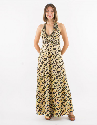 Long polyester open back dress and "batik" print