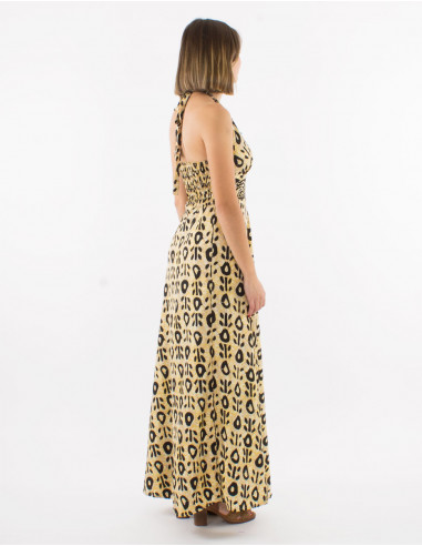 Long polyester open back dress and "batik" print