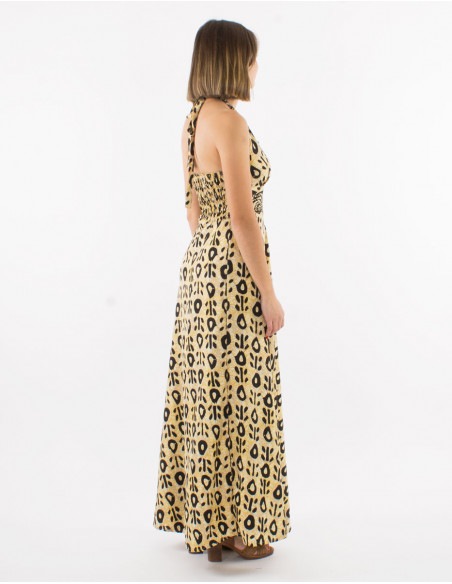 Long polyester open back dress and "batik" print