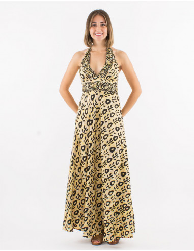 Long polyester open back dress and "batik" print