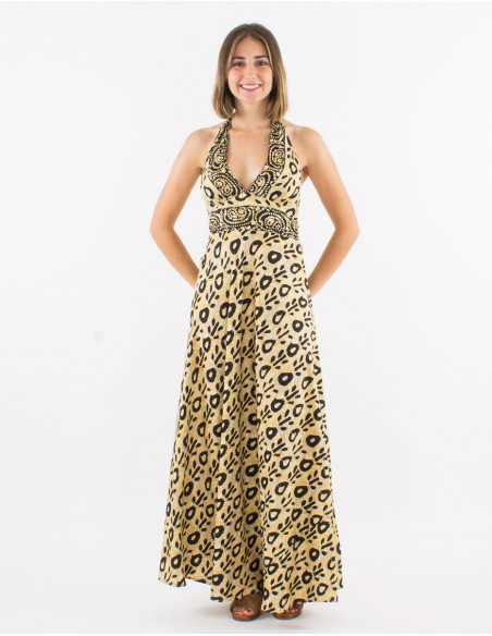Long polyester open back dress and "batik" print