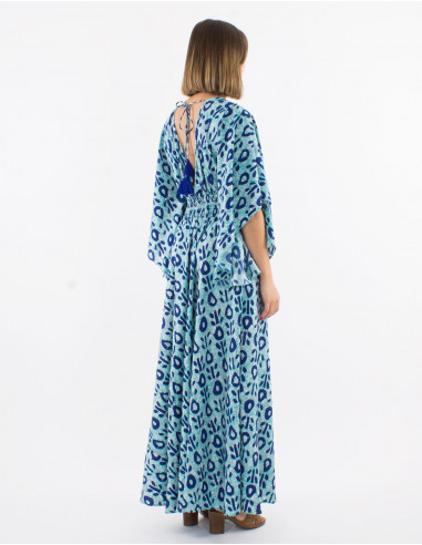Long polyester dress with short sleeves and "batik" print