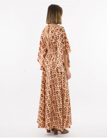 Long polyester dress with short sleeves and "batik" print