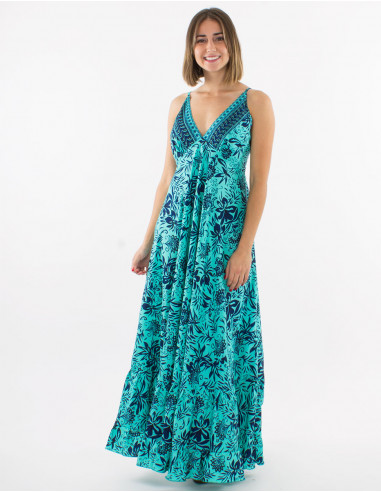 Long polyester dress with straps and "palma" print