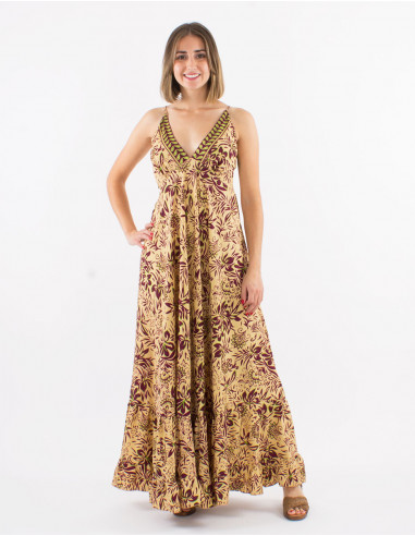 Long polyester dress with straps and "palma" print