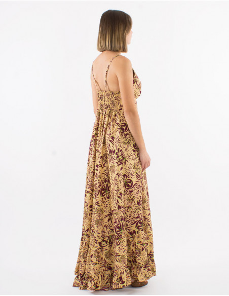 Long polyester dress with straps and "palma" print