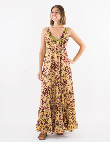 Long polyester dress with straps and "palma" print