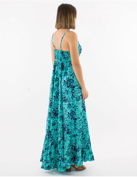 Long polyester dress with straps and "palma" print