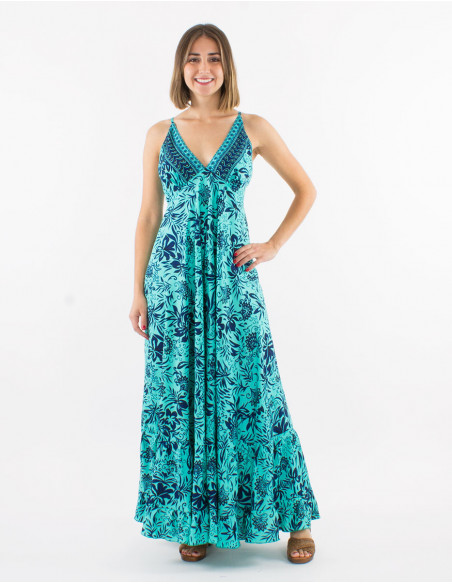 Long polyester dress with straps and "palma" print