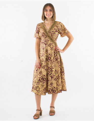 Long polyester wrap-around dress with short sleeves and "palma" print