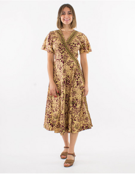 Long polyester wrap-around dress with short sleeves and "palma" print