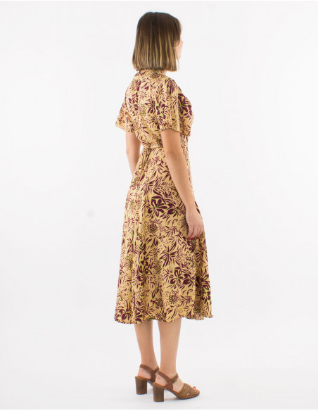 Long polyester wrap-around dress with short sleeves and "palma" print