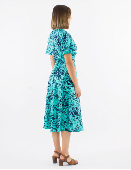 Long polyester wrap-around dress with short sleeves and "palma" print