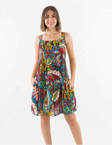 Short viscose dress with large straps and "antalya" print
