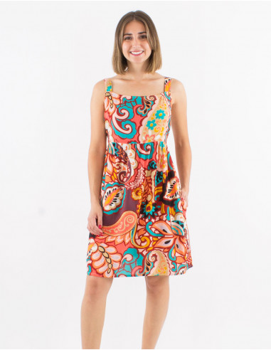 Short viscose dress with large straps and "antalya" print