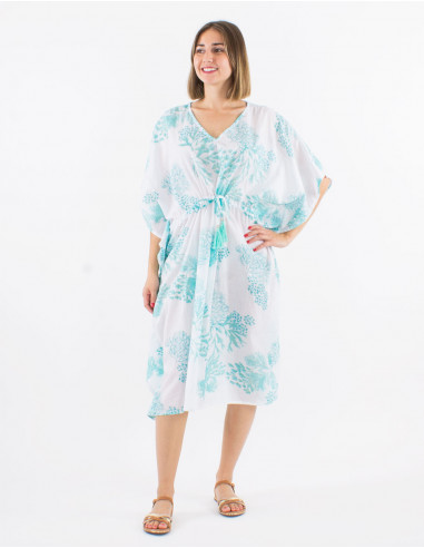 Robe voile de coton imprimé Coral avec feuilles dorées