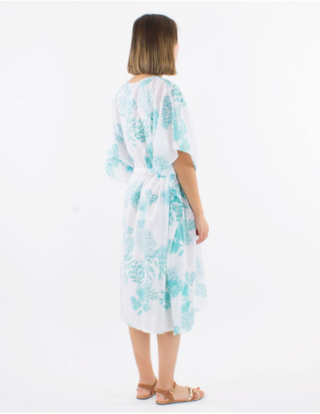 Cotton voile dress with "coral print and golden leaves"