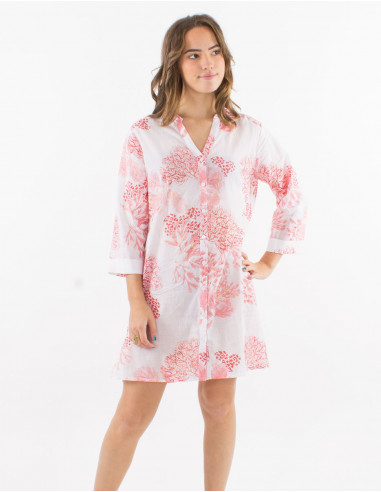 Cotton voile buttoned 3/4 sleeves dress with "coral print and golden leaves"