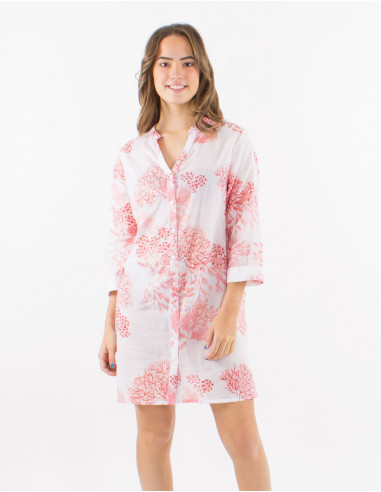 Robe voile de coton boutonnée manches 3/4 imprimé Coral avec feuilles dorées