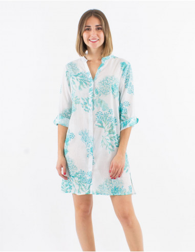 Cotton voile buttoned 3/4 sleeves dress with "coral print and golden leaves"