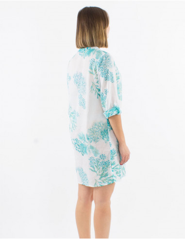 Cotton voile buttoned 3/4 sleeves dress with "coral print and golden leaves"
