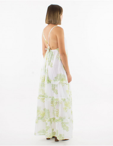 Long cotton voile coral print wrap-around dress with lining and golden leaves