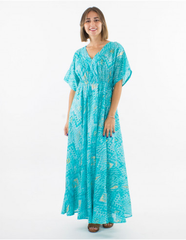 Long cotton voile ibiza print dress with lining, short sleeves and golden leaves