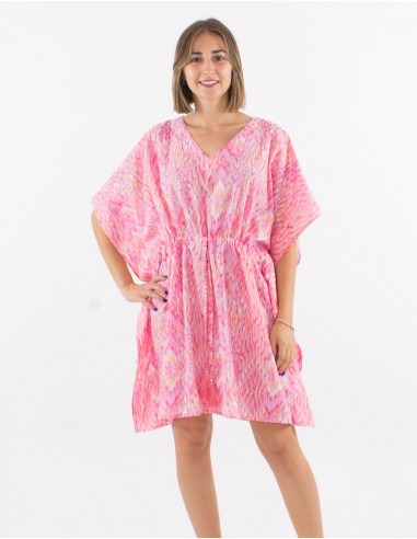 Robe voile de coton imprimé Ibiza avec feuilles dorées