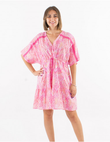 Robe courte voile de coton imprimé Ibiza avec feuilles dorées