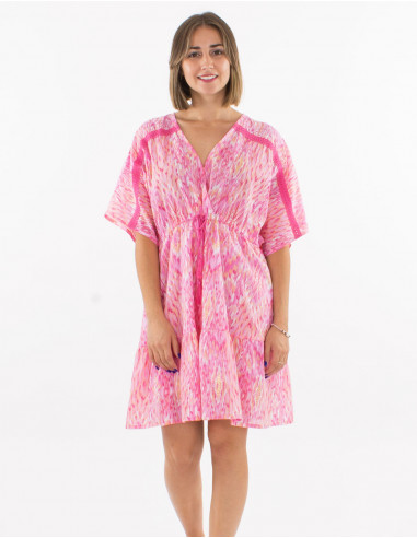 Robe courte voile de coton imprimé Ibiza avec feuilles dorées