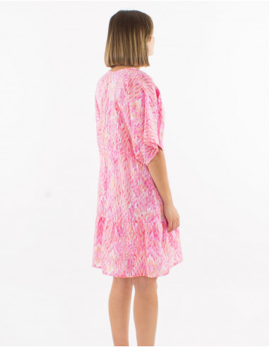 Robe courte voile de coton imprimé Ibiza avec feuilles dorées