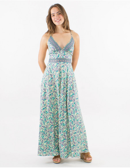 Robe longue polyester dos nu imprimée
