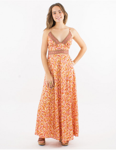 Robe longue polyester dos nu imprimée