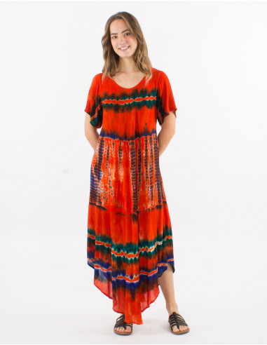 Viscose crepe td umbrella dress with short sleeves