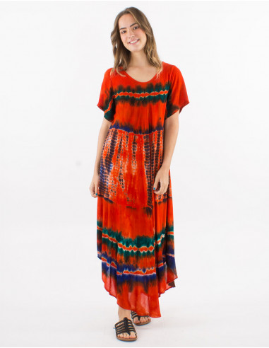 Viscose crepe td umbrella dress with short sleeves