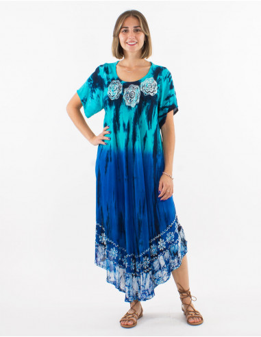 Viscose crepe embroidered td umbrella dress with short sleeves