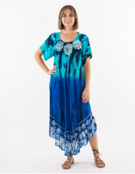Robe crêpe de viscose brodée manches courtes Tie and dye Umbrella