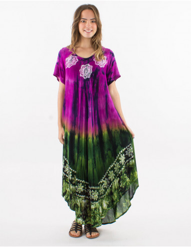 Viscose crepe embroidered td umbrella dress with short sleeves
